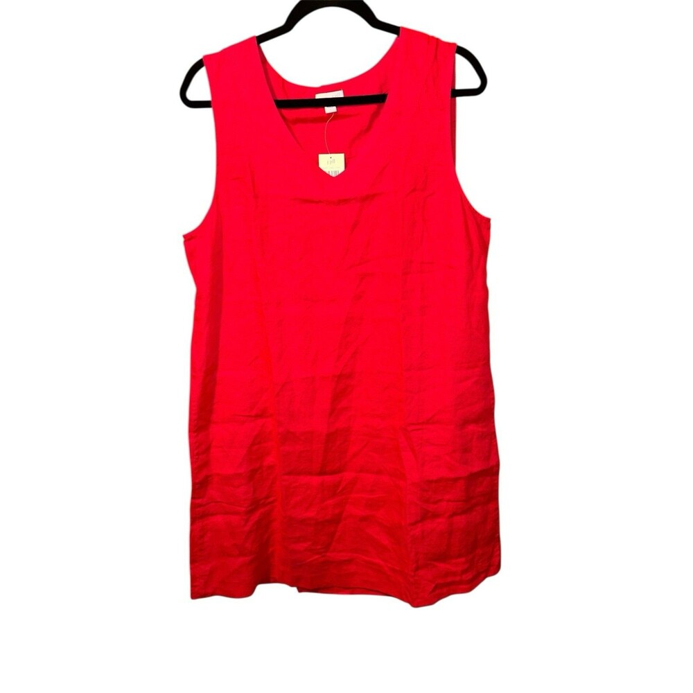 J. Jill 100% Linen Dress Womens L Casual Red Hibiscus‎ Midi Bright